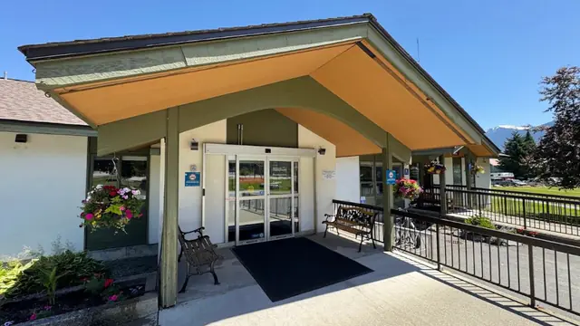 The covered entrance of Pemberton Health Centre in Pemberton, British Columbia